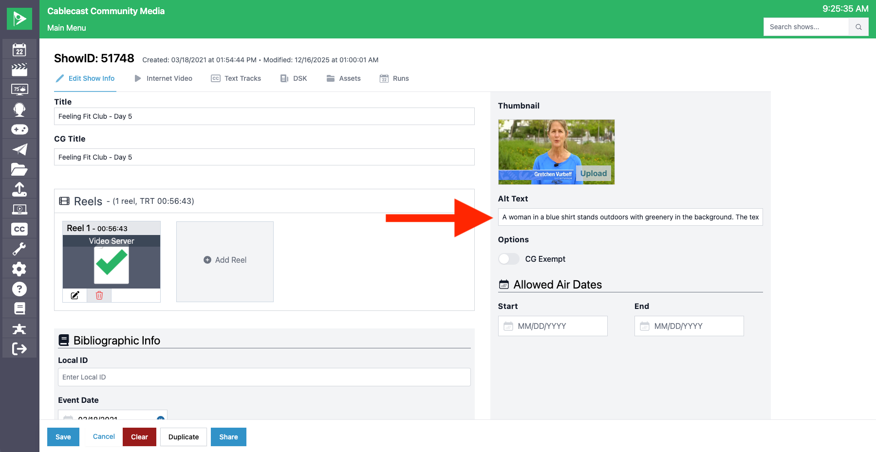 Screenshot of Cablecast Show Record page with a red arrow pointing to the Alt Text field beneath the thumbnail on the right side of the screen.