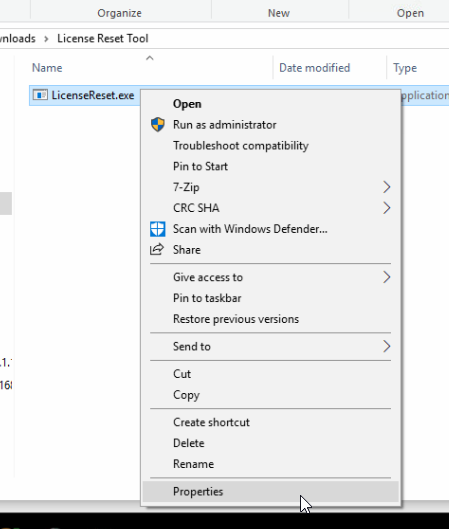 Opening the Properties of the LicenseReset.exe file