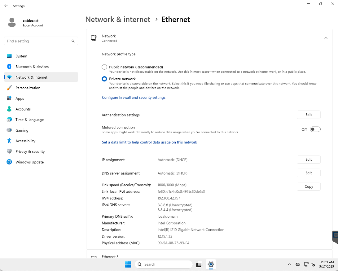 Windows Network & Internet Ethernet settings showing a connected private network.