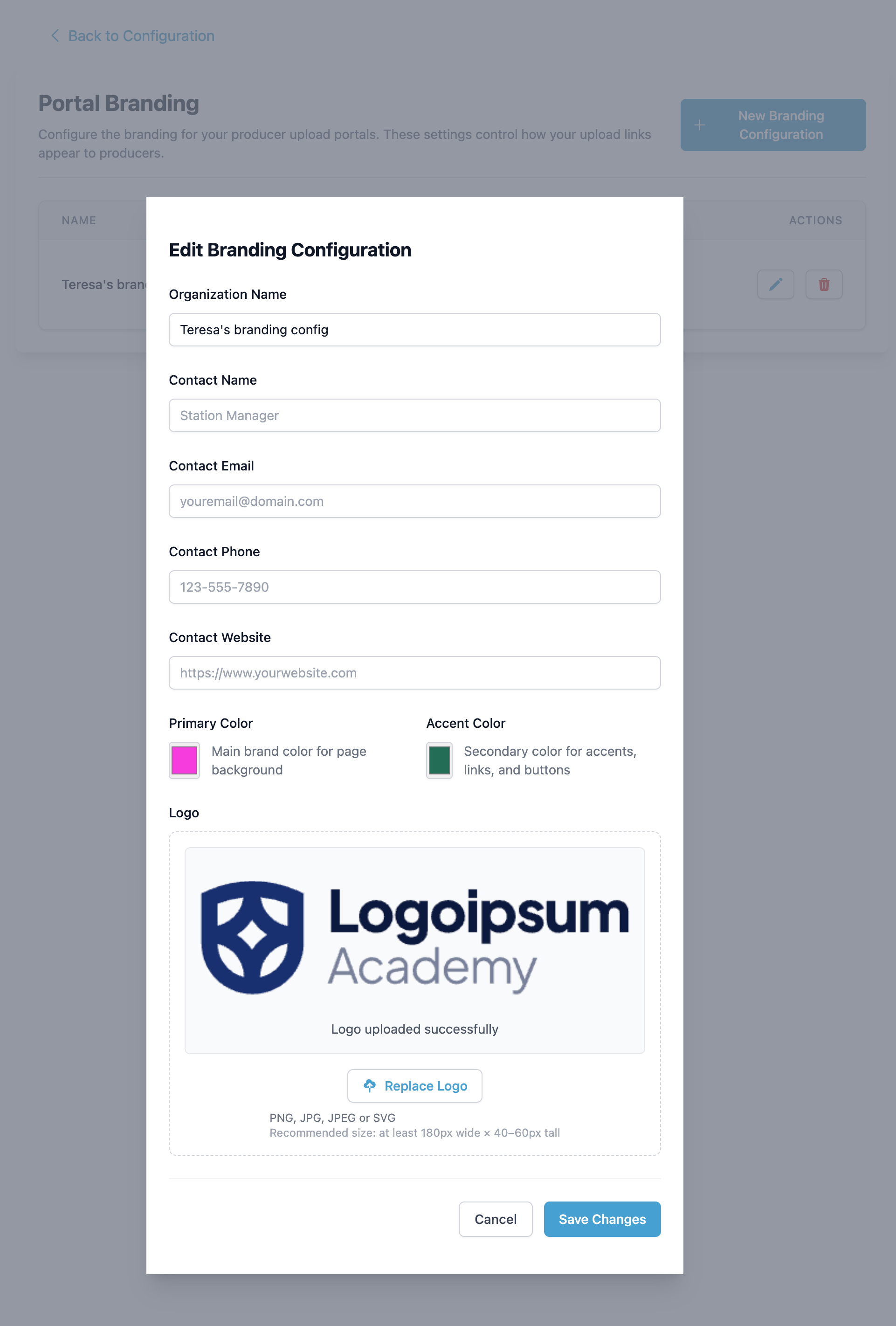 Portal branding configuration modal
