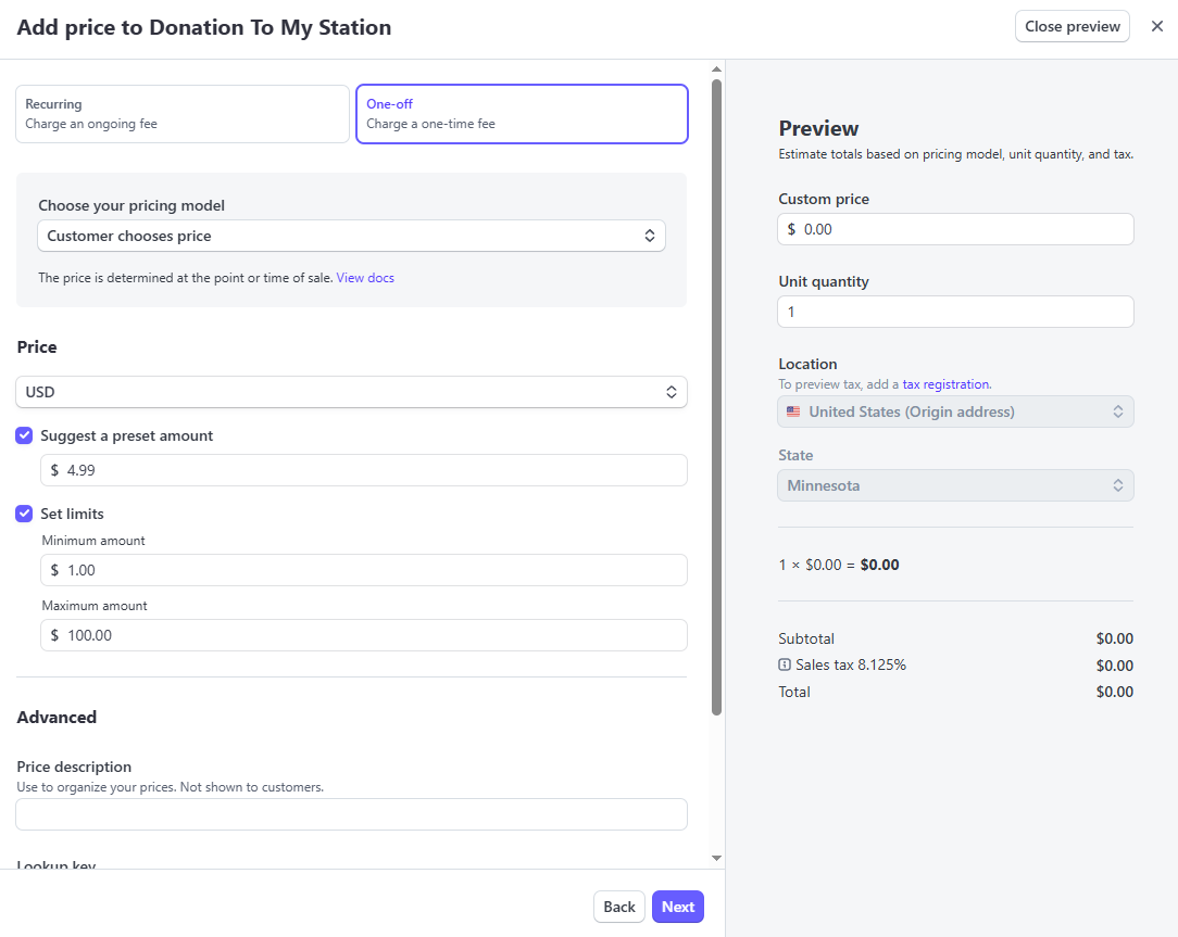 Stripe Donation Price Form