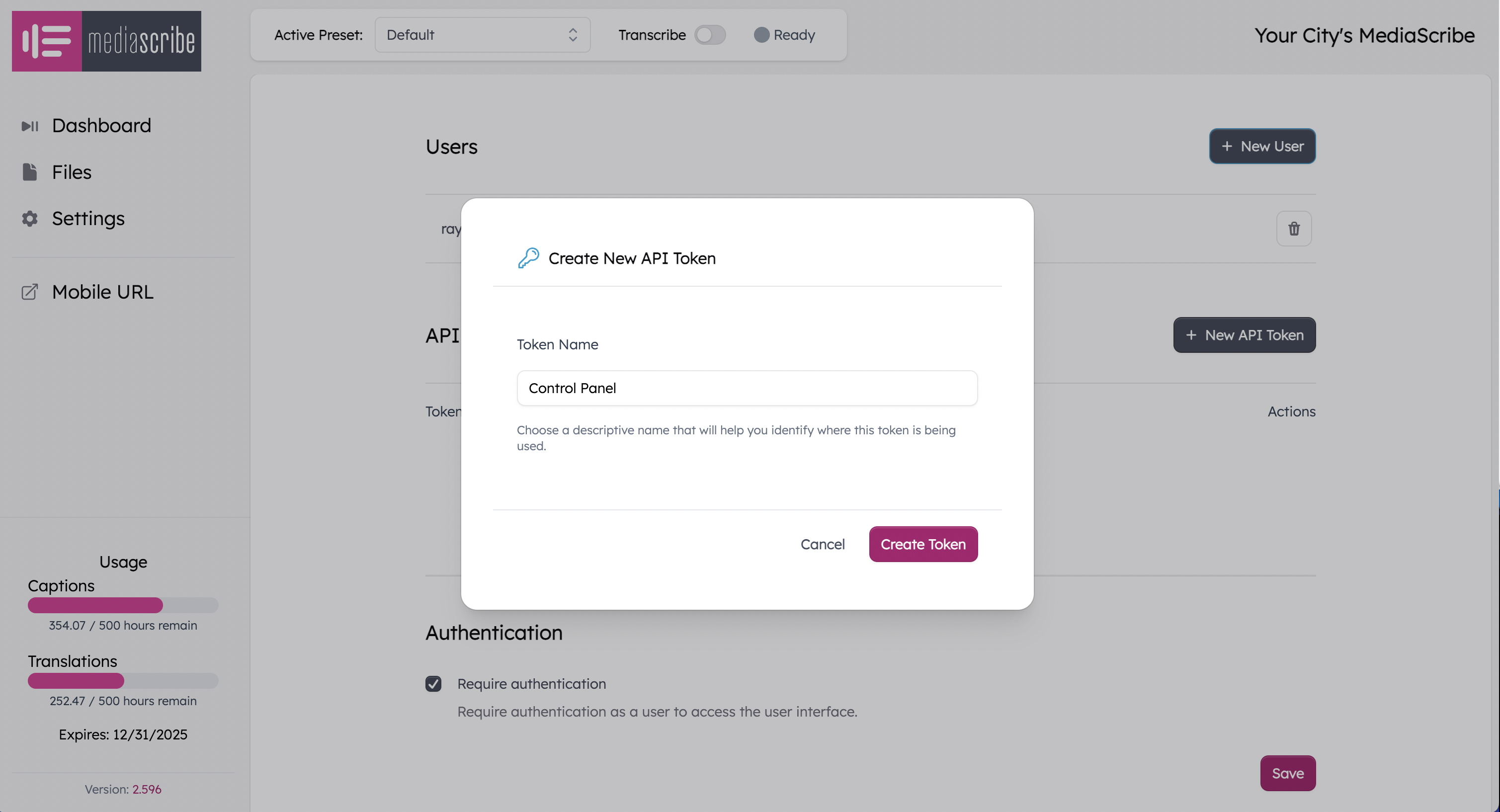 Creating a new MediaScribe API Token.
