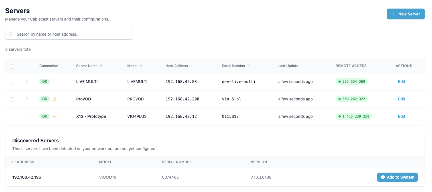 Cablecast Servers page showing configured servers and a discovered VIO Omni server available to add to the system.