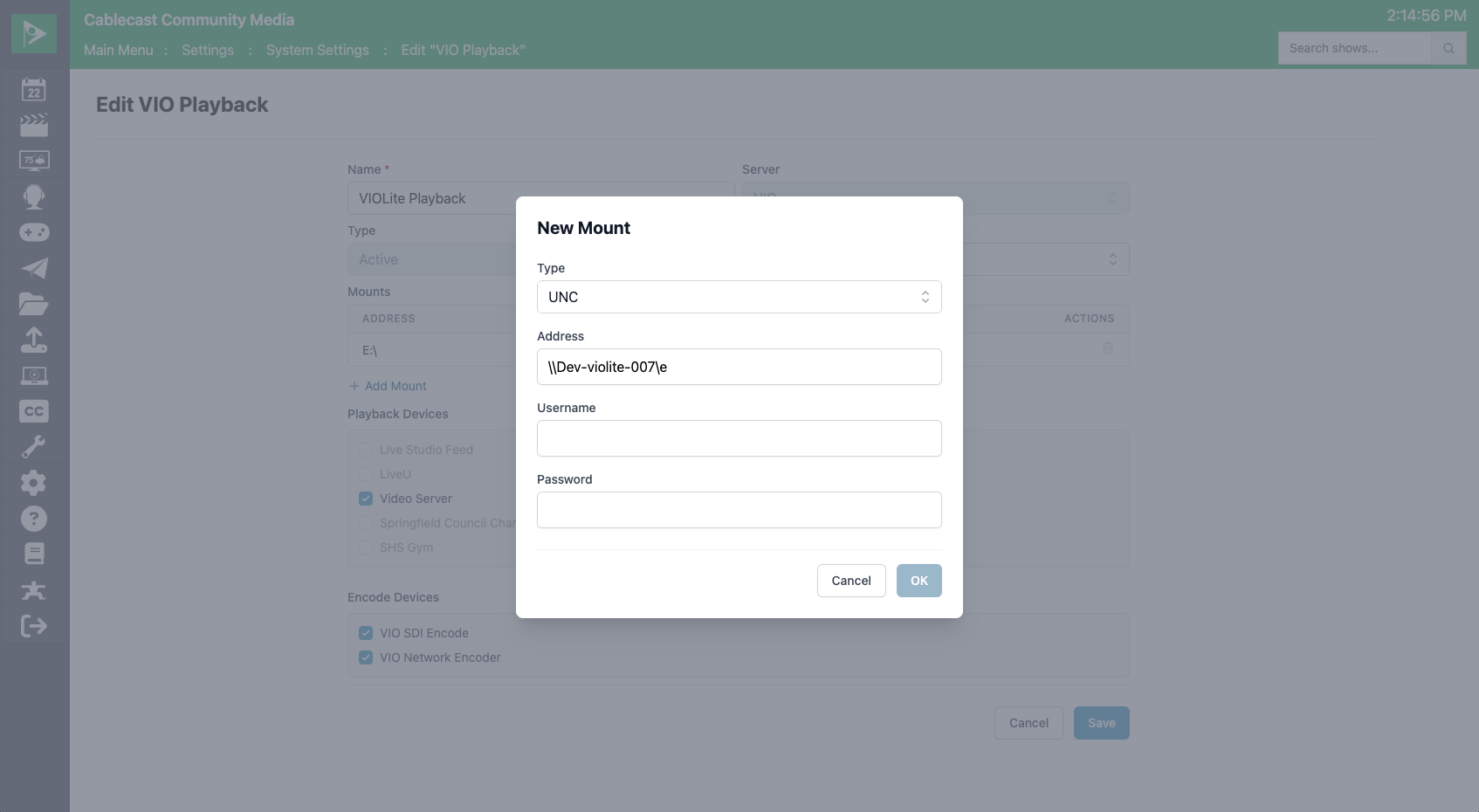 Cablecast dialog window for adding a new UNC mount, showing fields for network address and credentials.