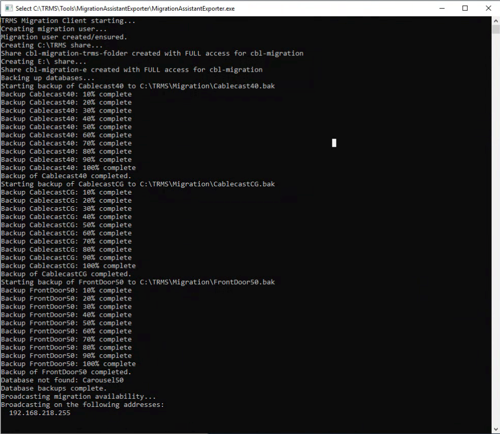 Command prompt showing MigrationAssistantExporter running and backing up Cablecast databases with progress messages.