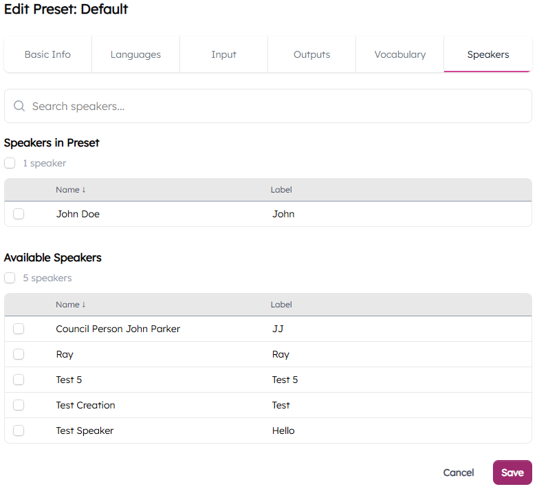 Assign Speakers to a Preset in the Speakers Tab