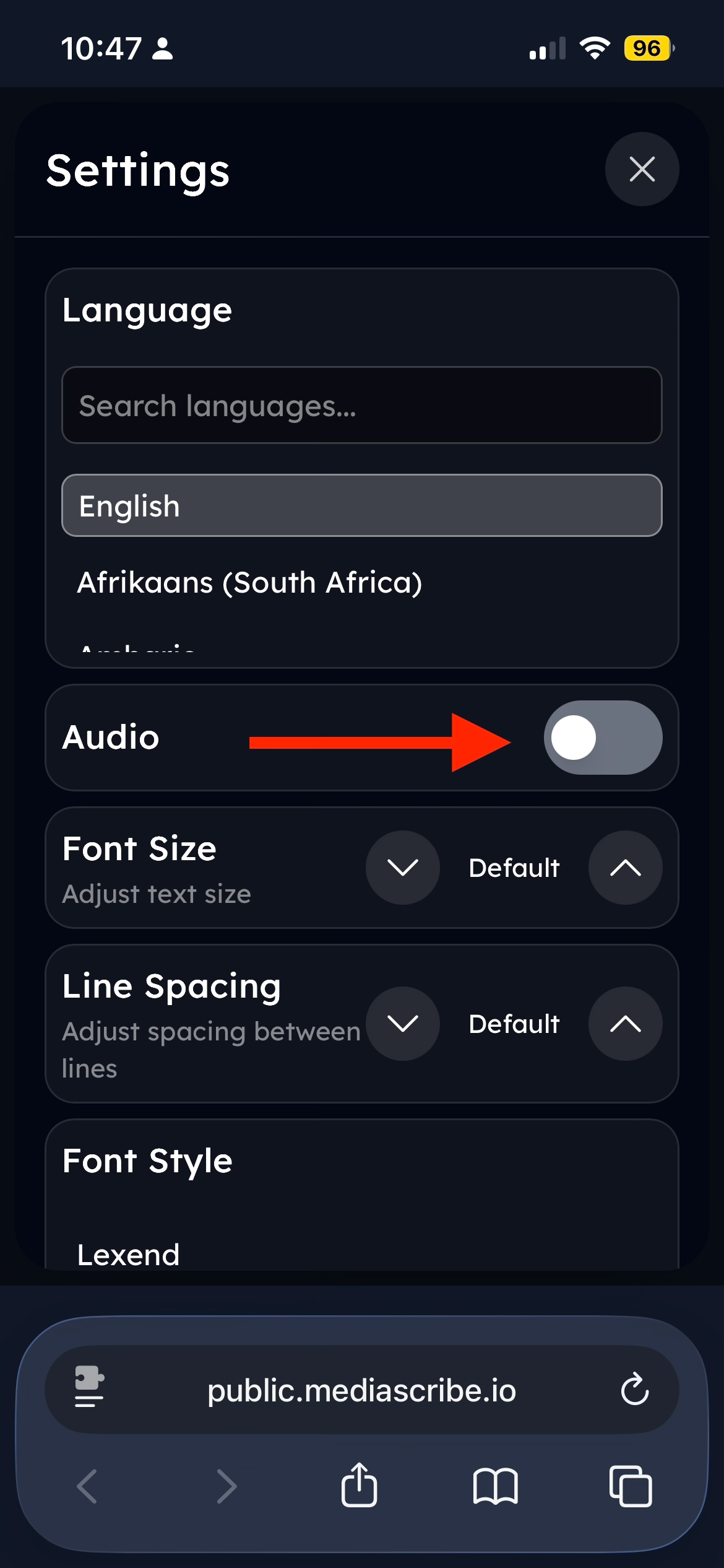 Toggle Voice on/off using the Audio switch in the accessibility settings.