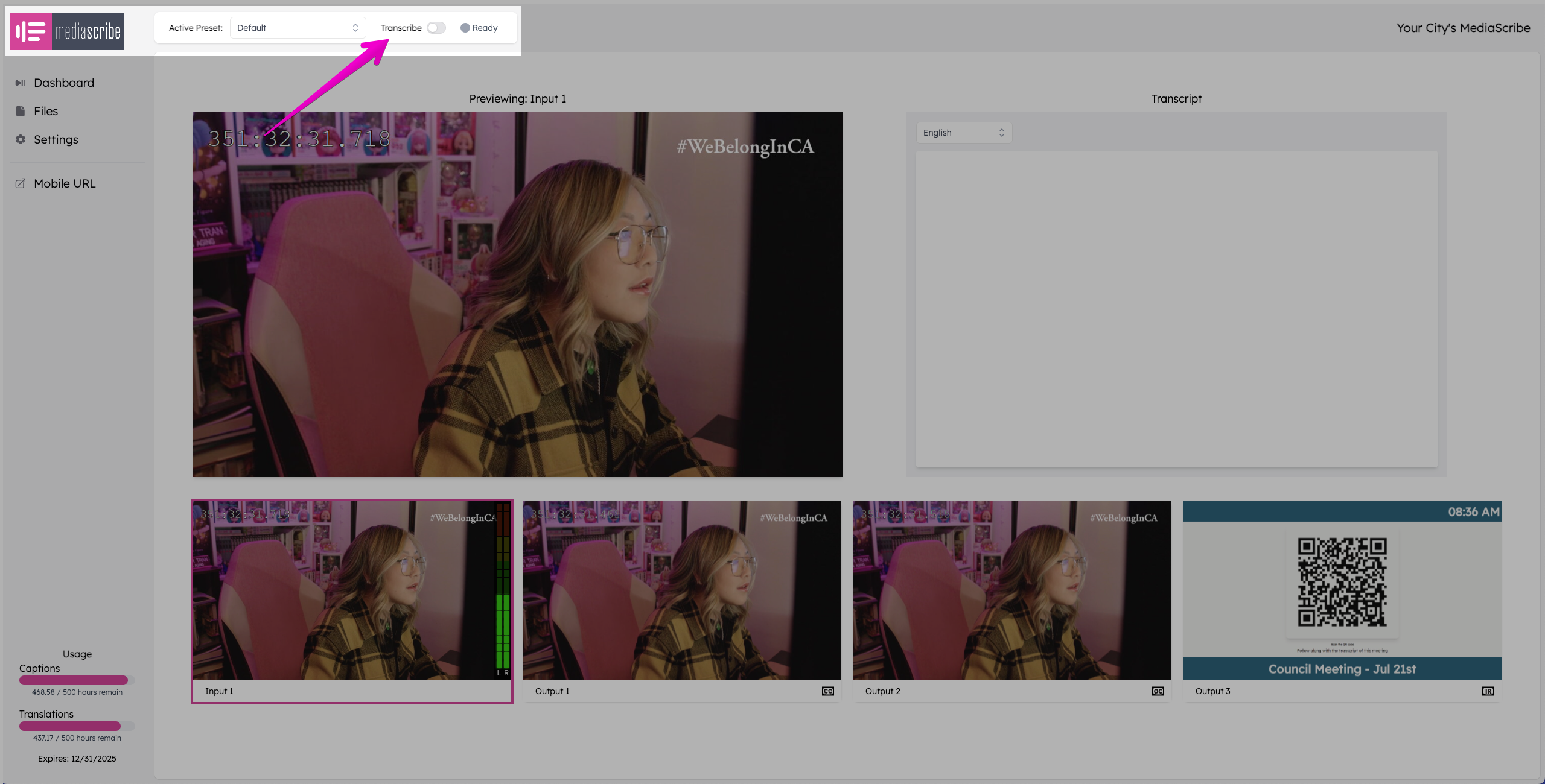 MediaScribe interface showing a live video preview with the Transcribe toggle highlighted.
