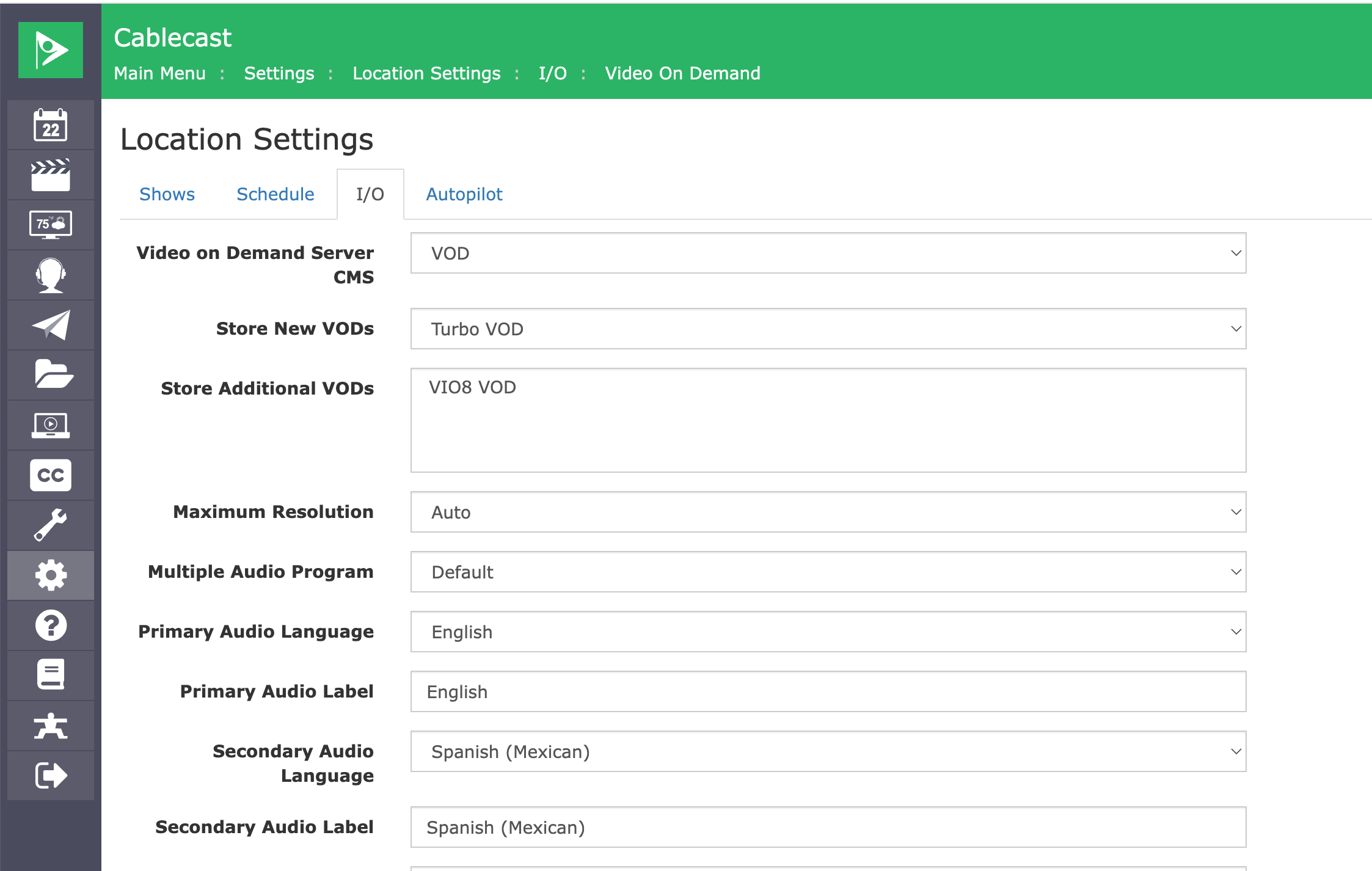 Configuring the default Secondary Audio Settings for a systems Video On Demand