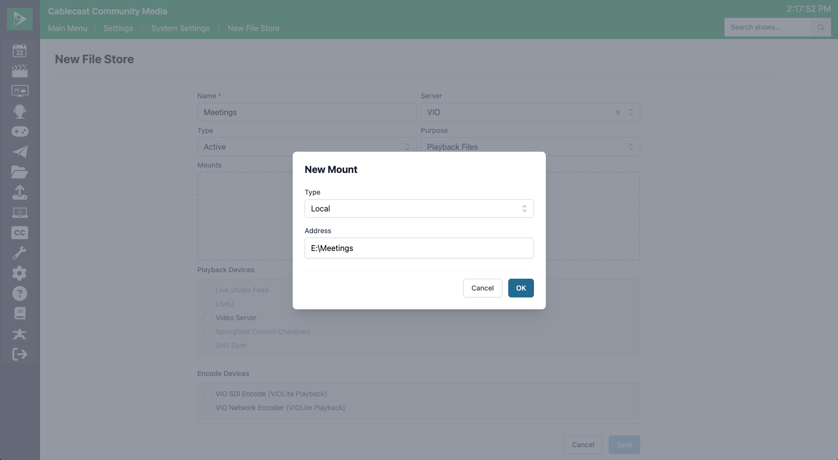 Cablecast dialog window for adding a new local file store mount, showing a drive path address.