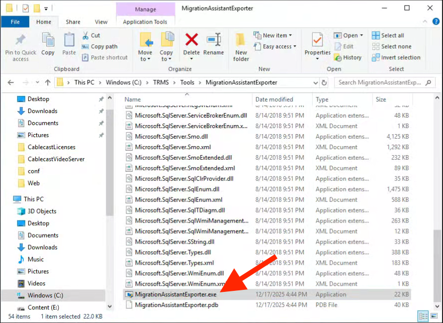 Windows File Explorer showing the MigrationAssistantExporter folder with files and the MigrationAssistantExporter.exe selected.