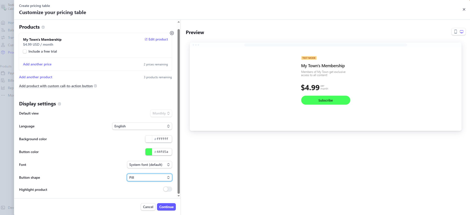 Stripe Product Table Form