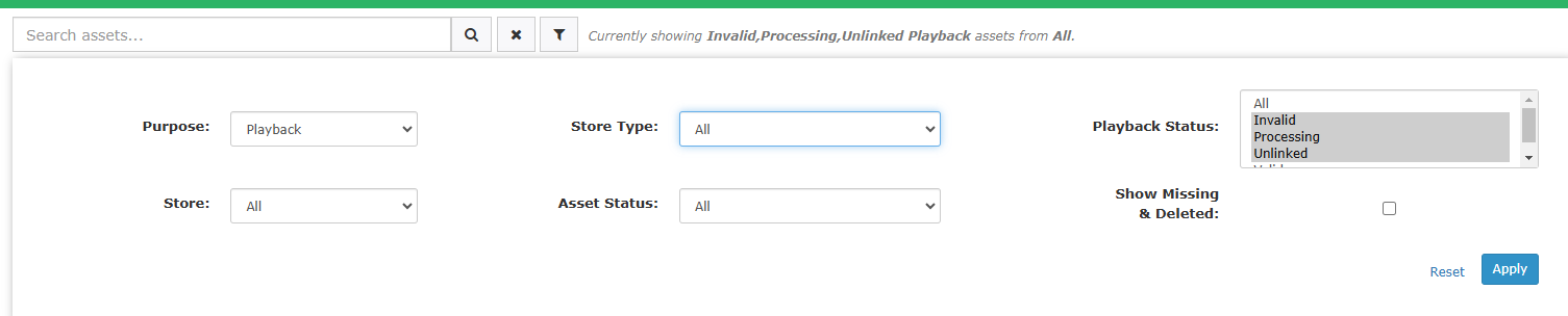 Assets Filter Settings Panel