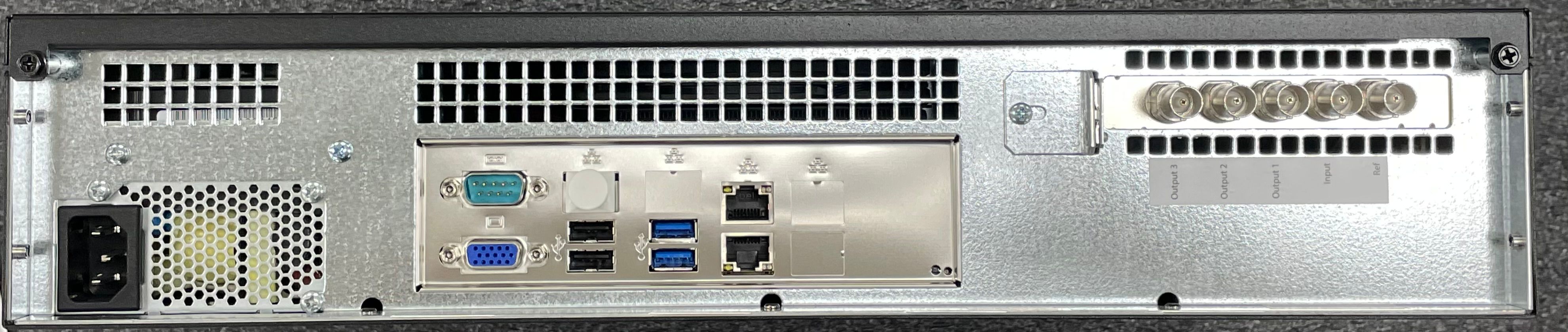 Rear panel of a MediaScribe appliance showing power, USB, Ethernet, serial, VGA, and BNC connections.