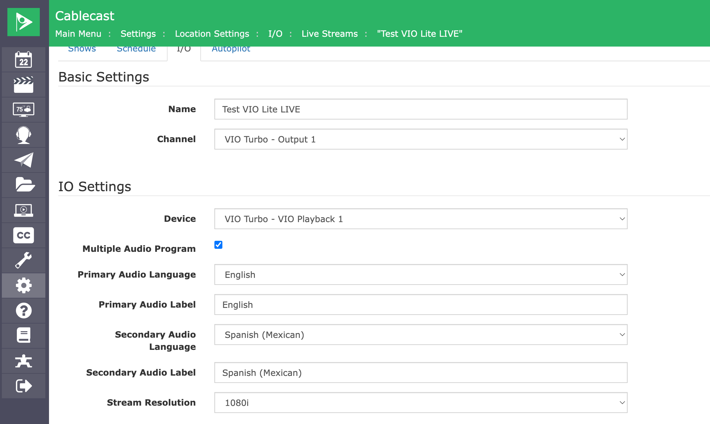 Configuring a Cablecast Live Stream Multiple Audio Programs Settings