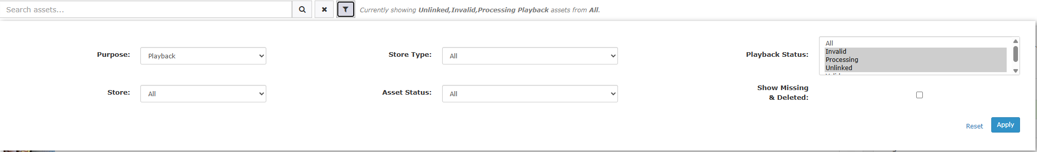 The Assets filter panel, showing dropdown options for Purpose, Store Type, Playback Status, Store, and Asset Status, with Apply and Reset buttons at the bottom