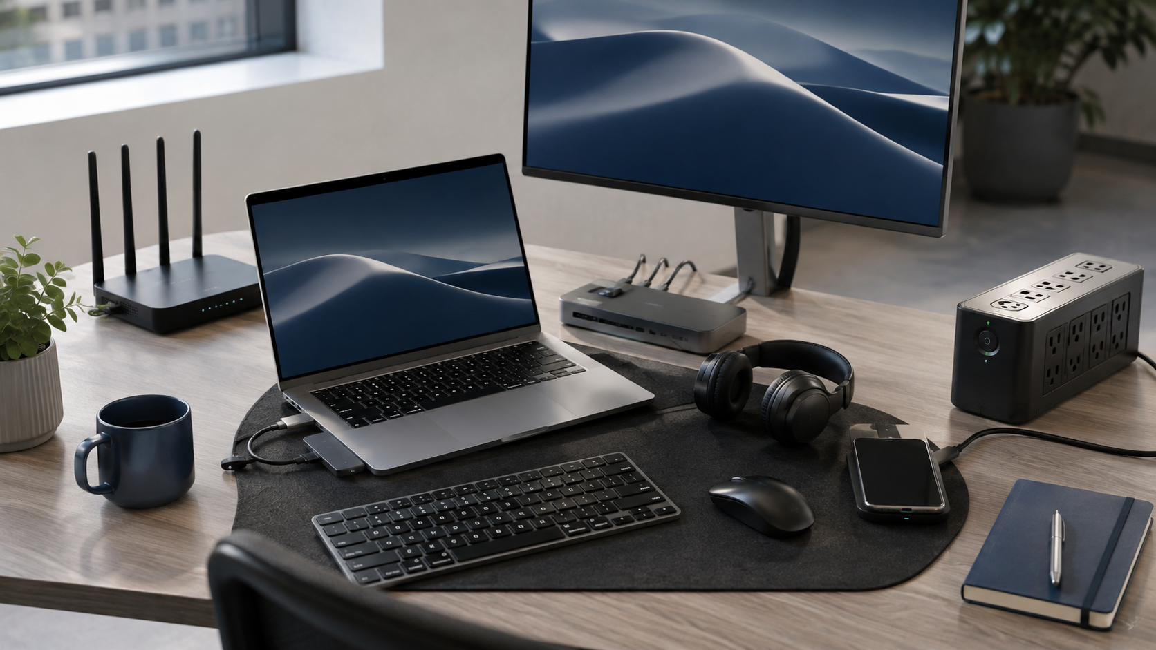 Modern business workstation with laptop, monitor, docking station, keyboard, mouse, headphones, Wi-Fi router, smartphone and backup power equipment on a clean office desk.