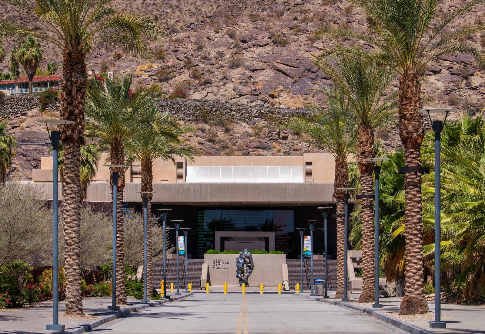 Entrance to the Palm Springs Art Museum framed by palm trees