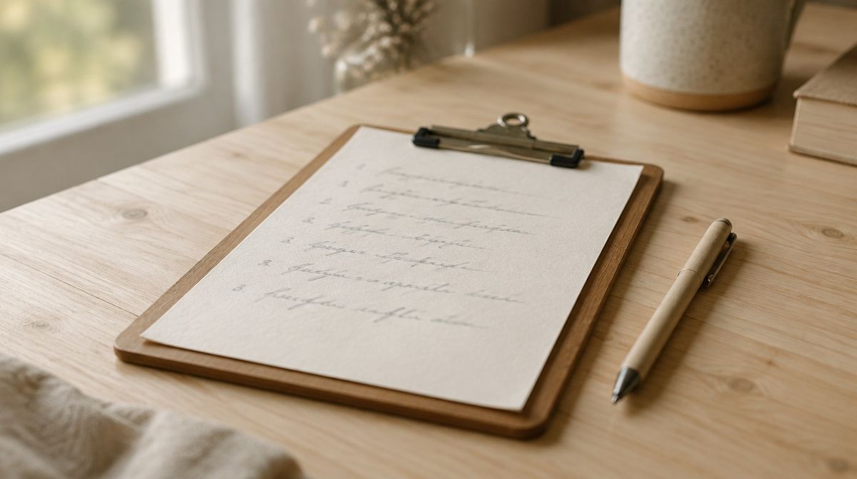 A clipboard with a short numbered list, a pen beside it
