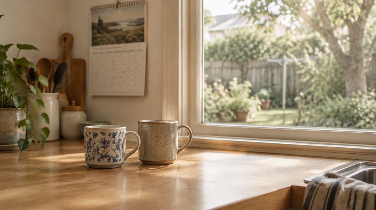 A shared kitchen bench with two mugs, a calendar on the wall and a window onto a back garden