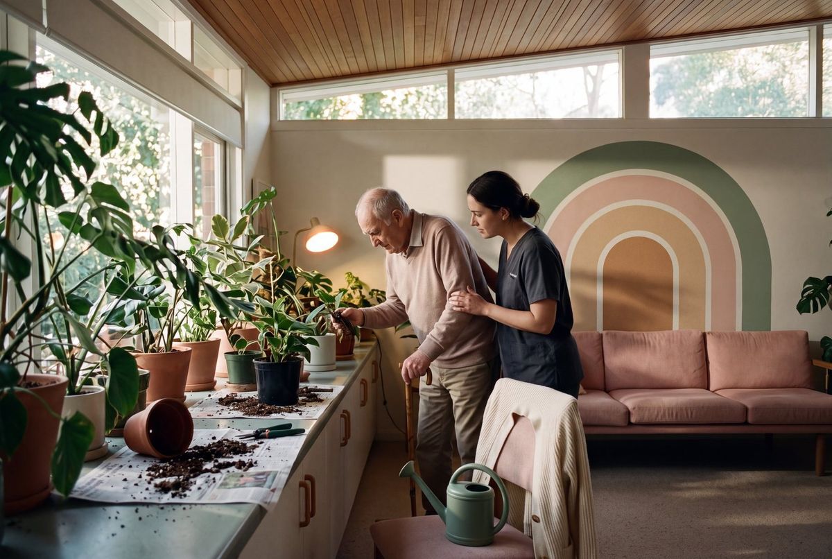 A support worker and an older man repotting plants together in a bright plant-filled room