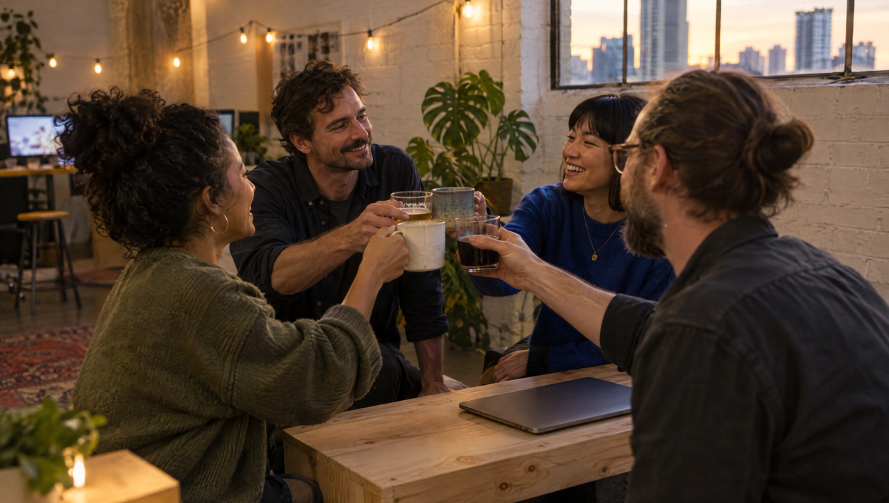 A small team raising mugs at a timber bench in a Fortitude Valley studio at dusk