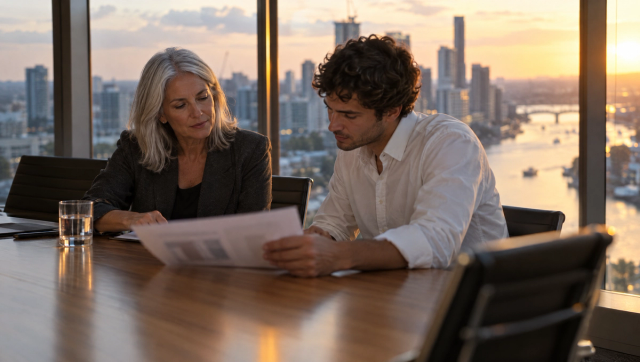 Two people reviewing a document at a boardroom table over the Brisbane River at golden hour