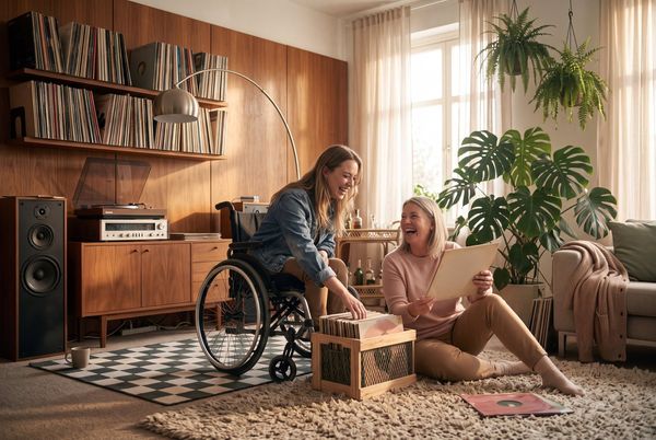 Two friends at home in a lounge room, one using a wheelchair