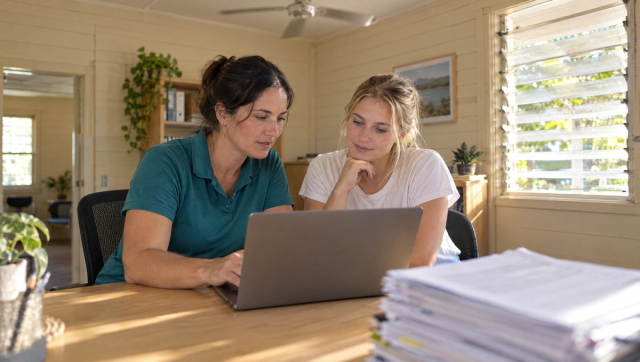 Two support workers at a laptop in a small Gympie office, printed policies beside them, louvre light