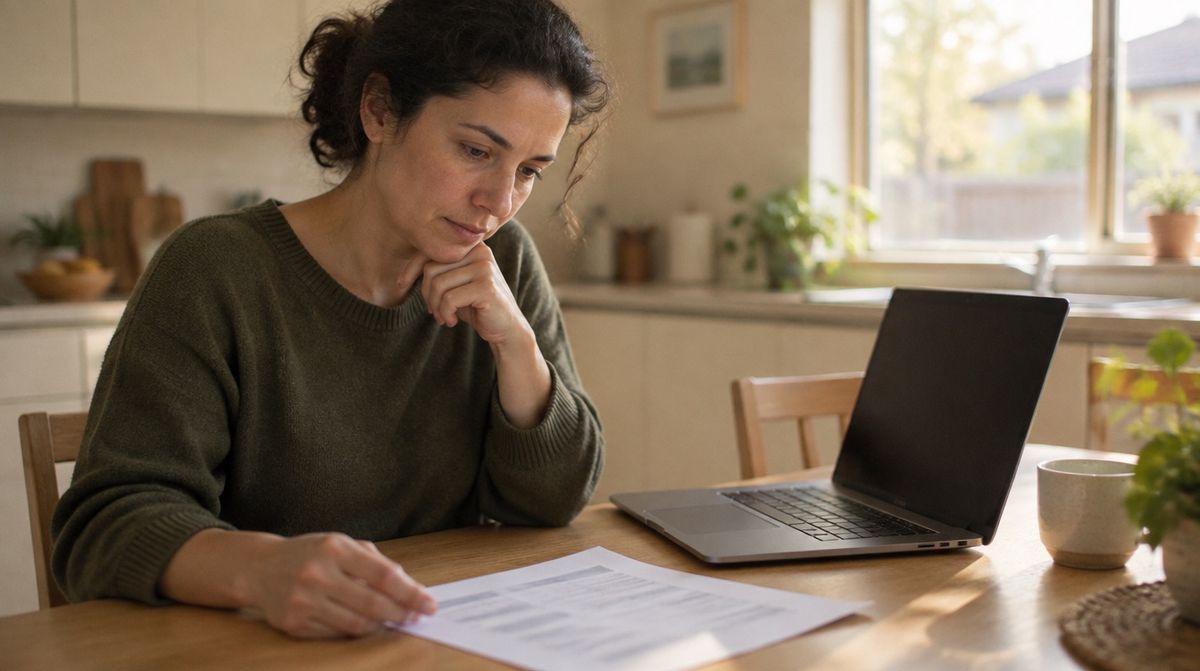 A woman at a kitchen table with a laptop and a printed form, early morning light through the window