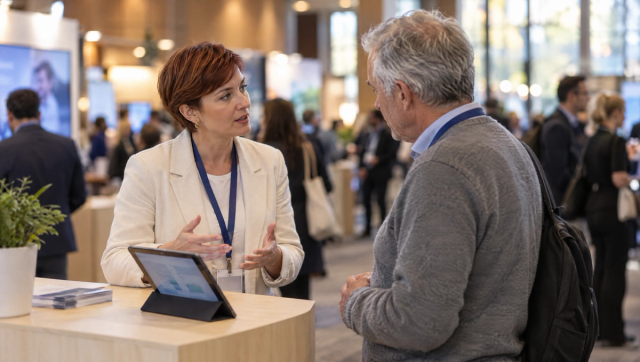 A startup stand at a health technology conference, a woman explaining the product to a visitor