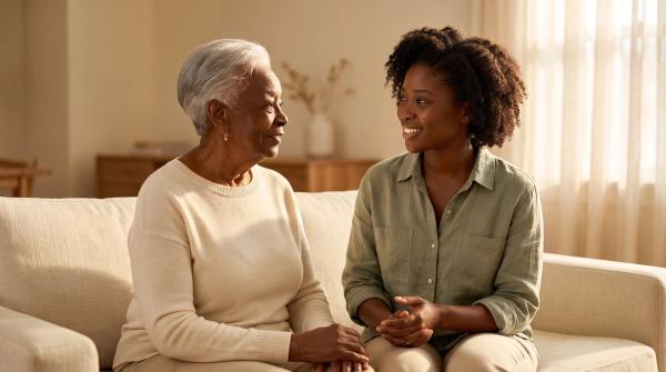 Two women sitting together on a cream sofa in warm light