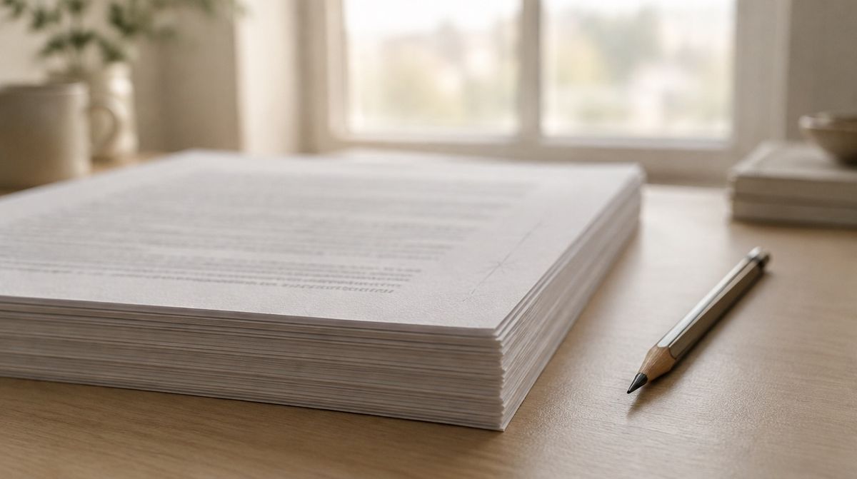 A stack of printed legislation on a desk, the top page marked in pencil, a window behind