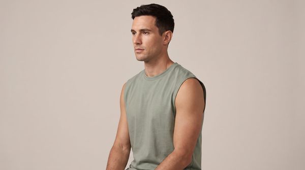A studio portrait of a man in a plain sage top against a warm grey backdrop