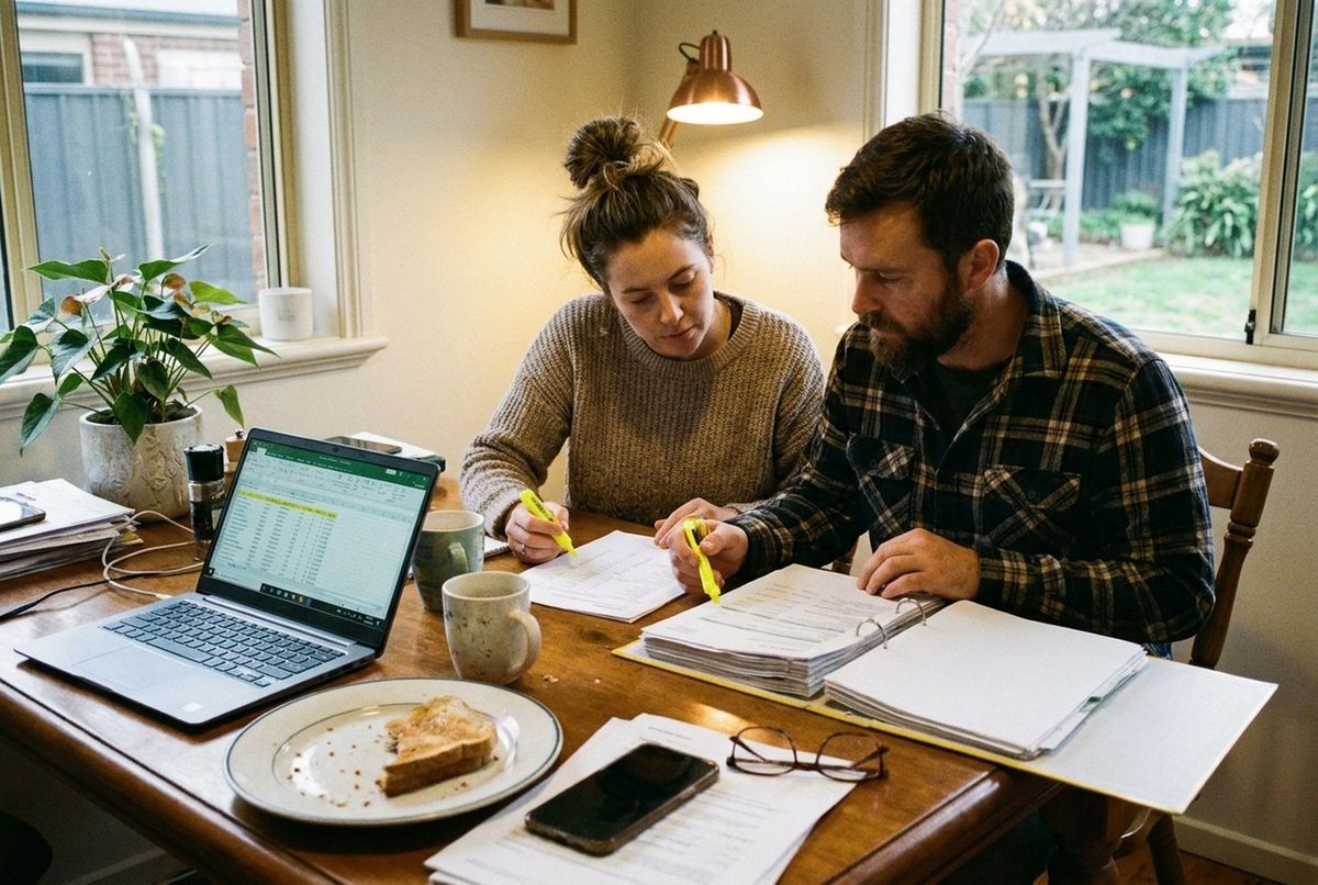 Two people working through paperwork and a laptop at a kitchen table