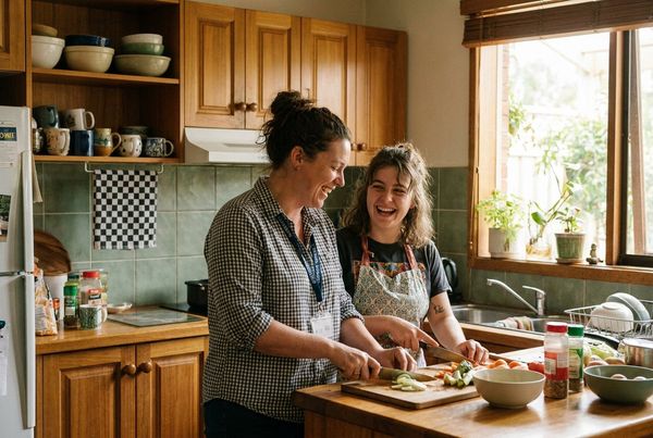 Two people cooking together at a kitchen bench