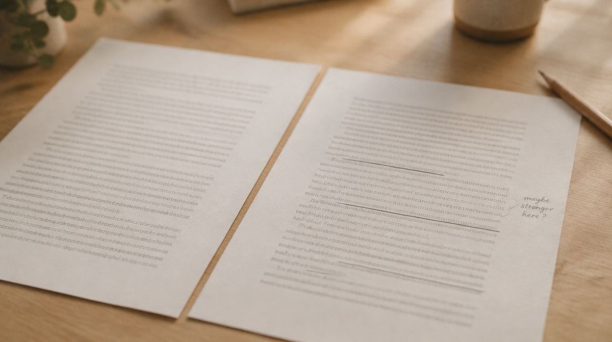 Two versions of the same page side by side, one clean, one marked up in pencil