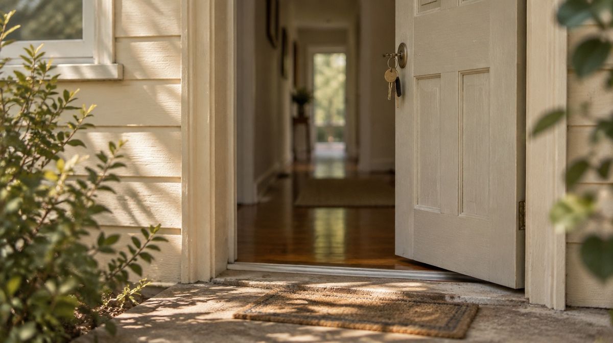 The front door of a suburban Queensland house, key in the lock, morning light on the step