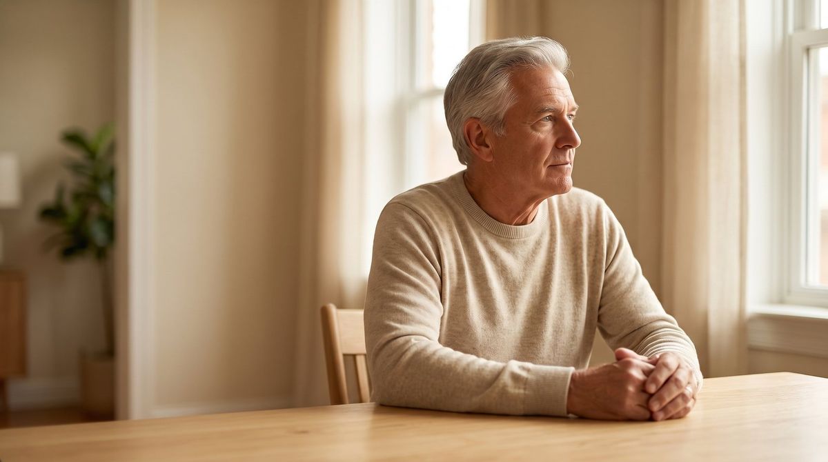 A man sitting at a sunlit table, hands clasped, looking toward the window in thought