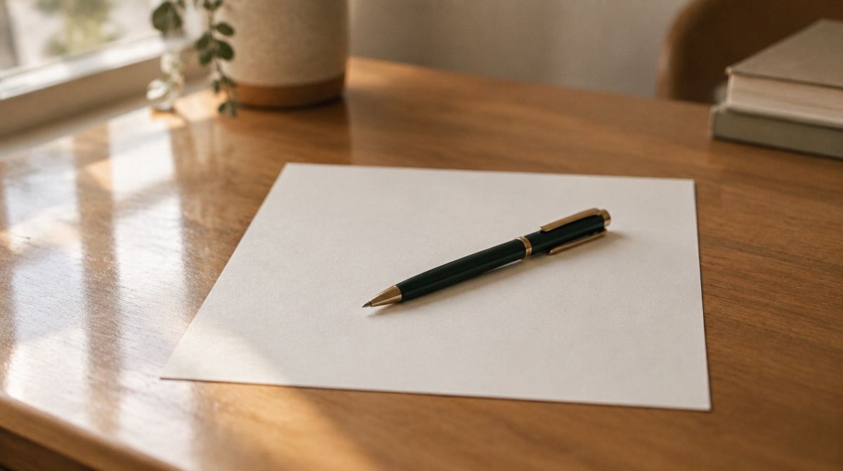 A single sheet of paper on a wooden desk with a pen resting across it
