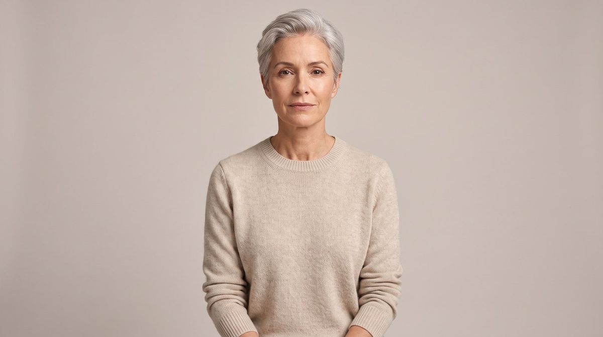 A studio portrait of a woman with cropped silver hair against a warm light-grey backdrop
