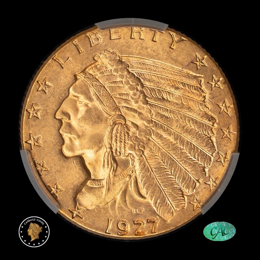 1927 $2.50 Indian Head Quarter Eagle CAC MS64 Witterbrick (gold) obverse