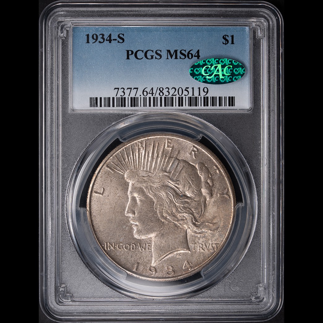 1934-S $1 Peace Dollar PCGS MS64 CAC in holder, view 1