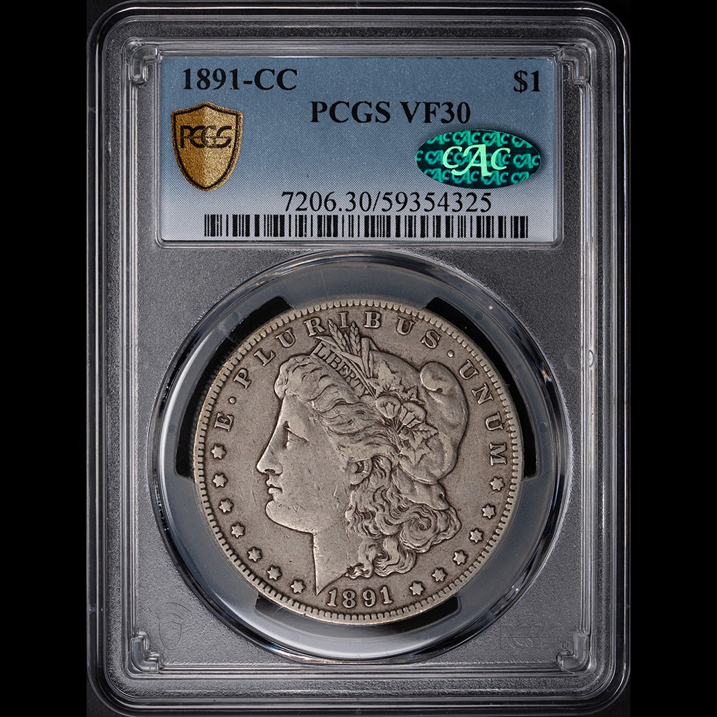 1891-CC $1 Morgan Silver Dollar PCGS VF30 CAC in holder, view 1