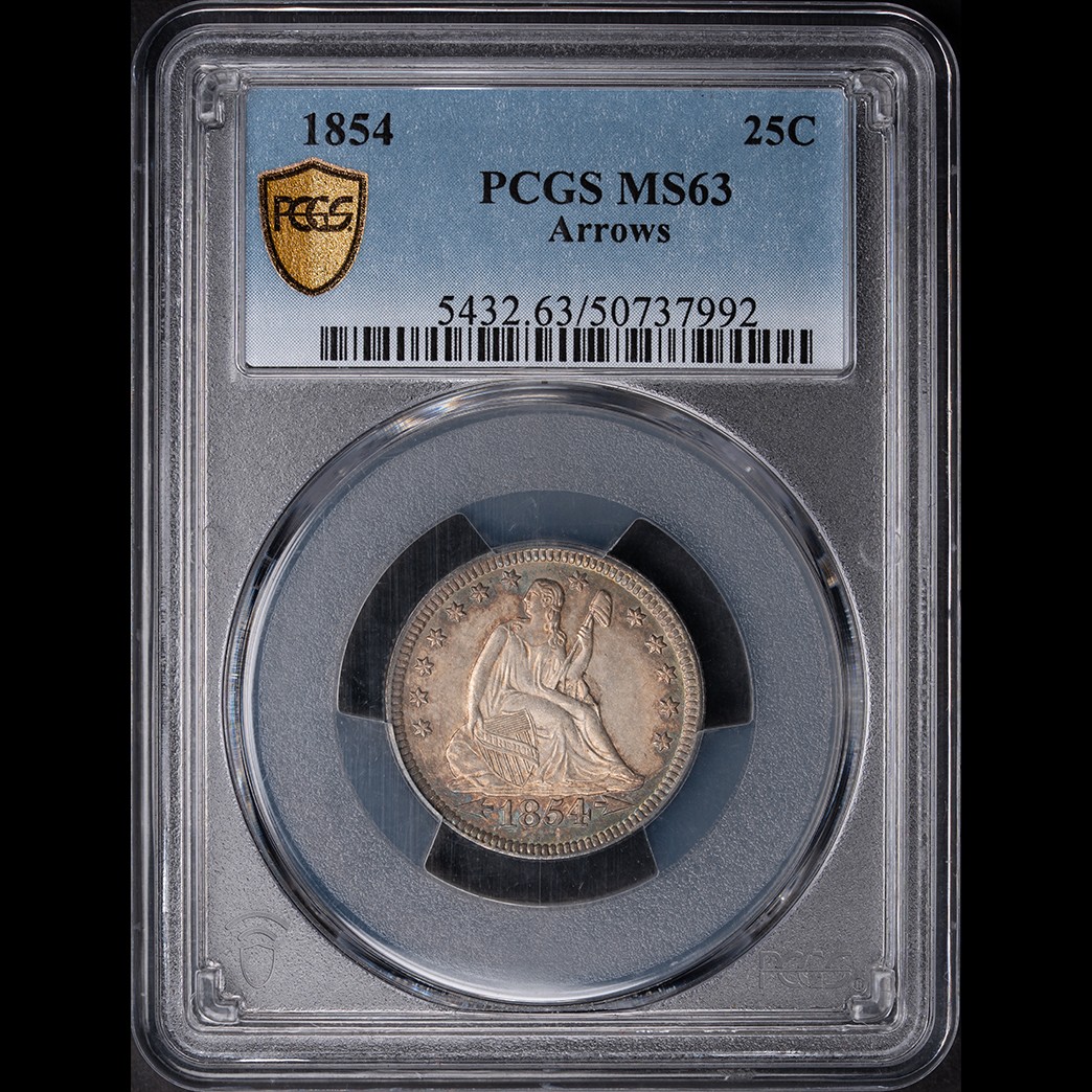 1854 25C Liberty Seated Quarter PCGS MS63 (arrows) in holder, view 1