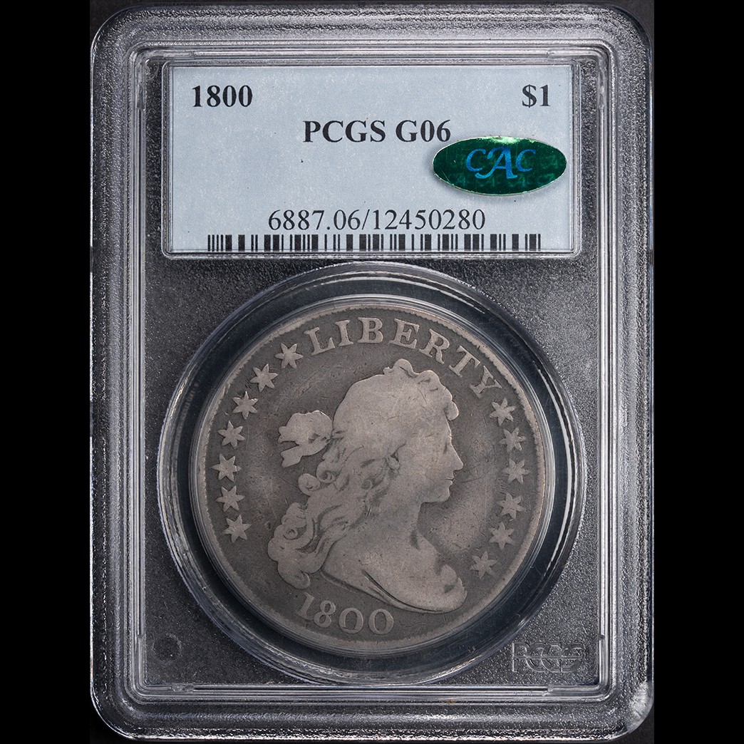1800 $1 Draped Bust Silver Dollar PCGS G06 CAC in holder, view 1