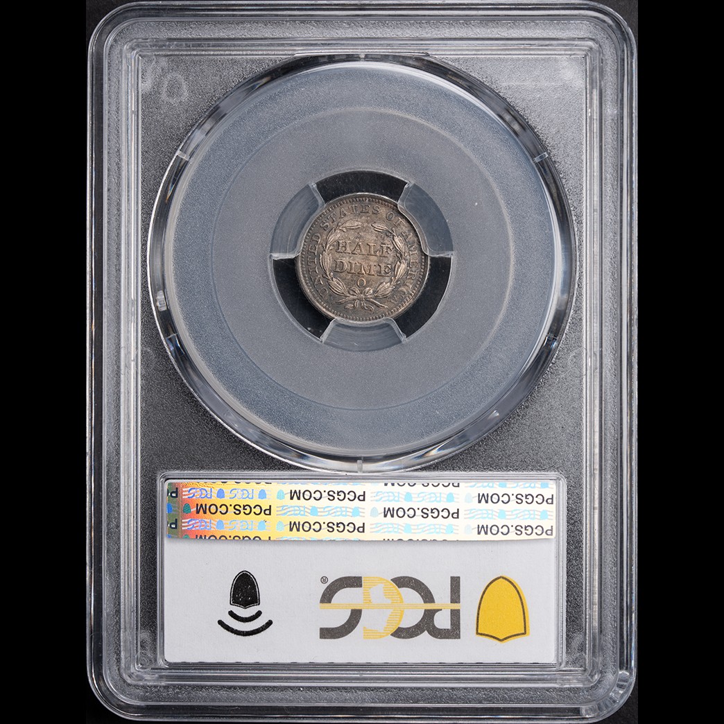 1857-O H10C Liberty Seated Half Dime PCGS MS64 CAC in holder, view 2