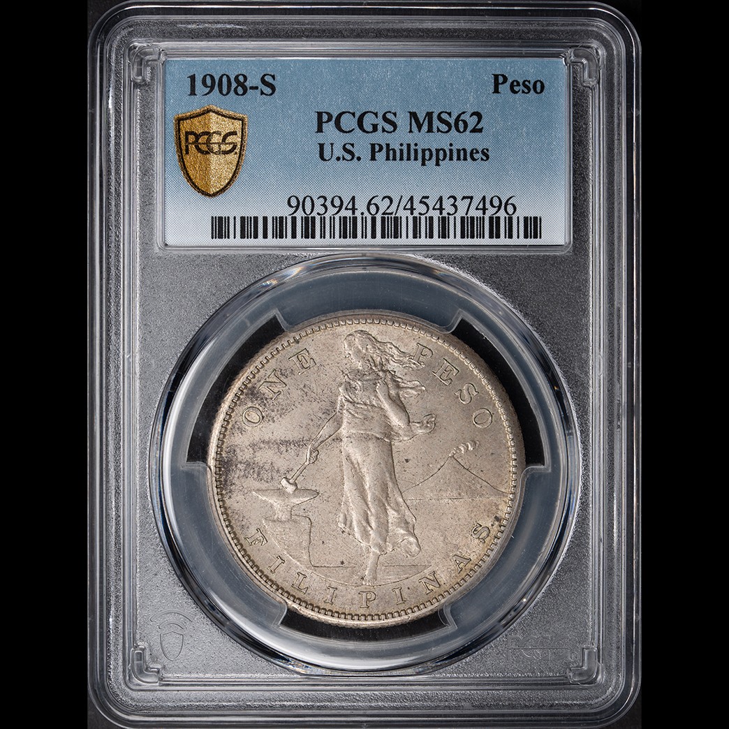 1908-S Peso US Philippines PCGS MS62 in holder, view 1