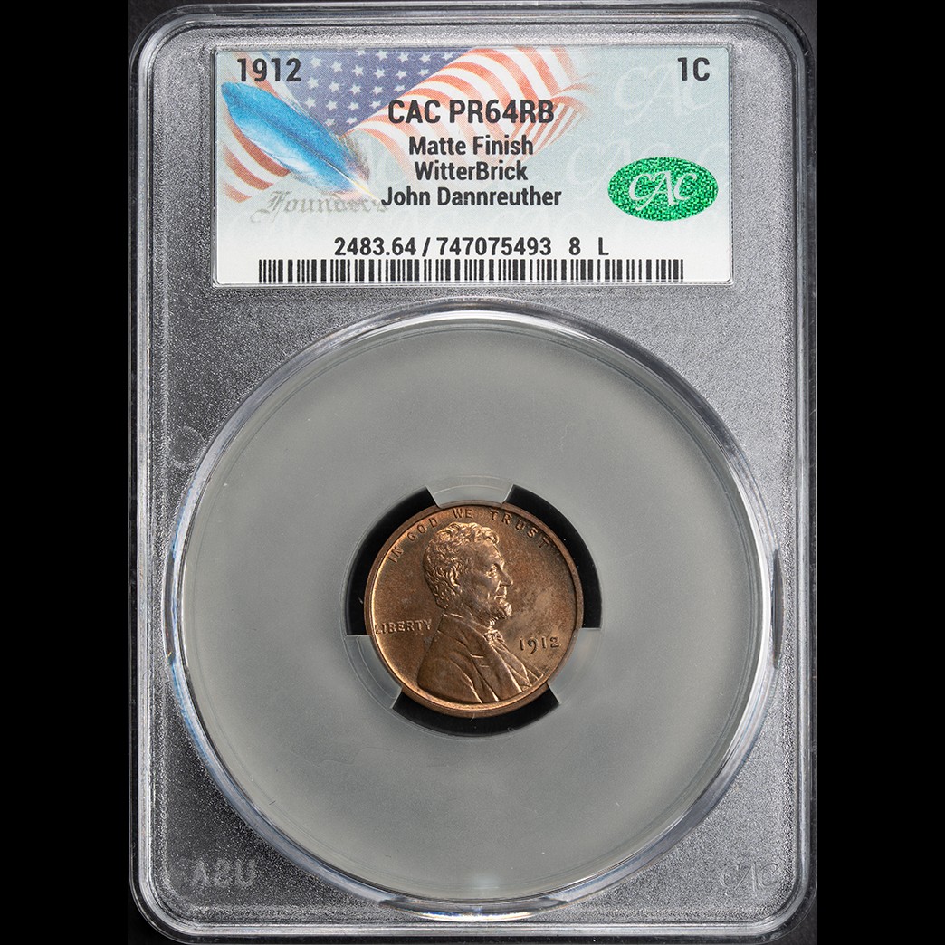 1912 1C Lincoln Cent Matte Finish Proof CAC PR64RB Witterbrick (JD) in holder, view 1