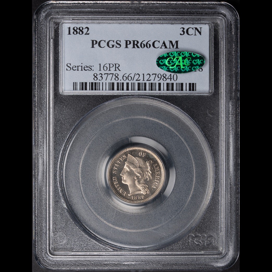 1882 3CN 3 Cent Proof Nickel PCGS PR66CAM CAC in holder, view 1